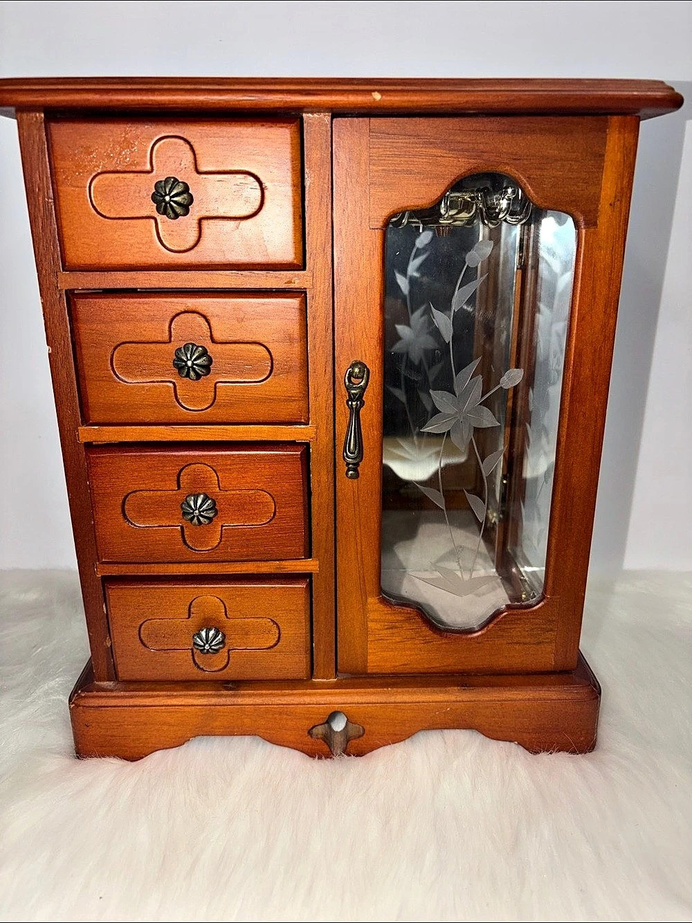 Vintage Wooden Floral Jewelry Organizer with Mirror